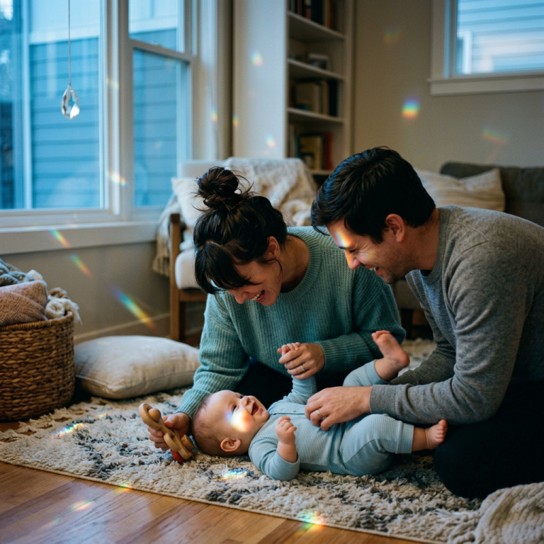 Parents smiling and playing with their baby on a living-room rug